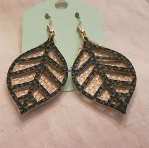 Faux Leather Green and Gold Leaf Earrings.